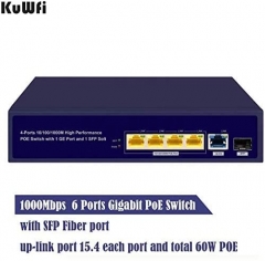 KuWFi Gigabit Ethernet POE Switch 6 ports Gigabit PoE switch with Gigabit SFP fiber injector, Gigabit up-link port and Gigabit PoE ports All 6 ports s